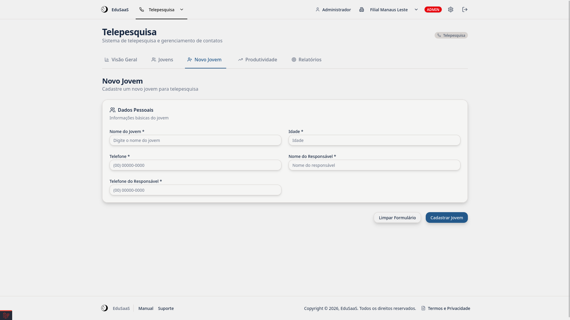 Interface do setor Cadastro